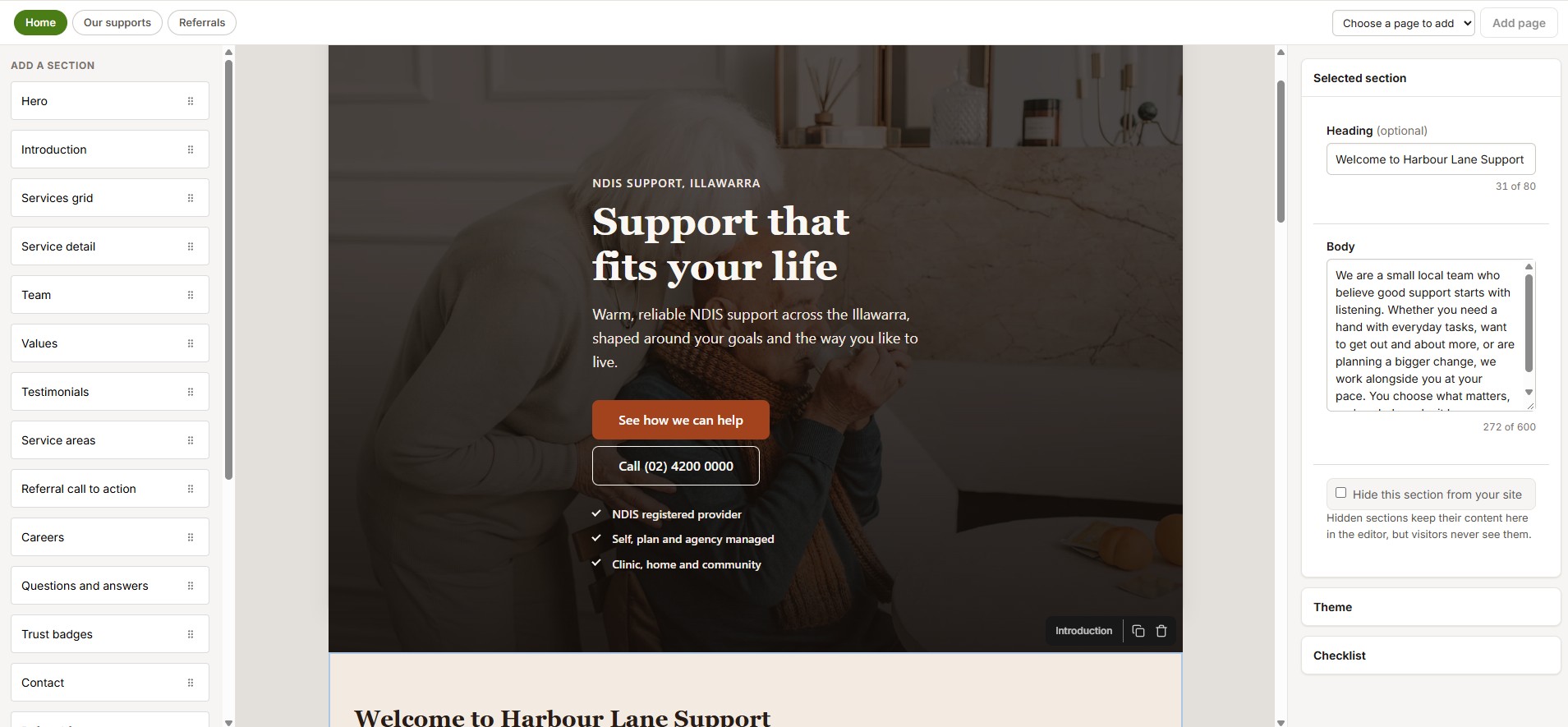 The Kinfra website builder, editing a care provider's homepage with a live preview