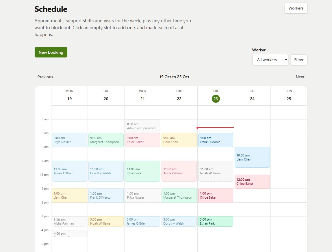 The Kinfra schedule: a week of colour-coded bookings across workers
